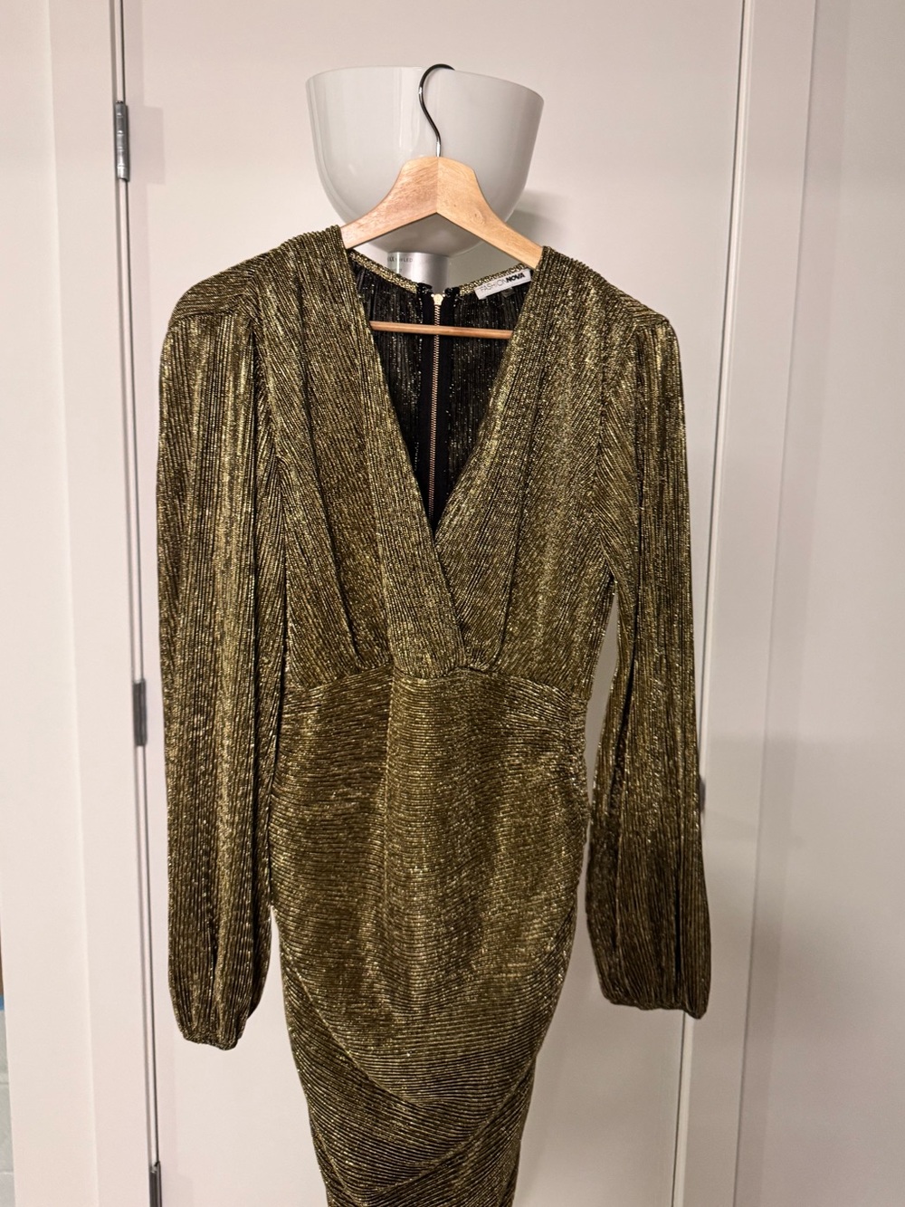 Fashion Nova Metallic Olive Plisse V-Neck Long Sleeve Dress